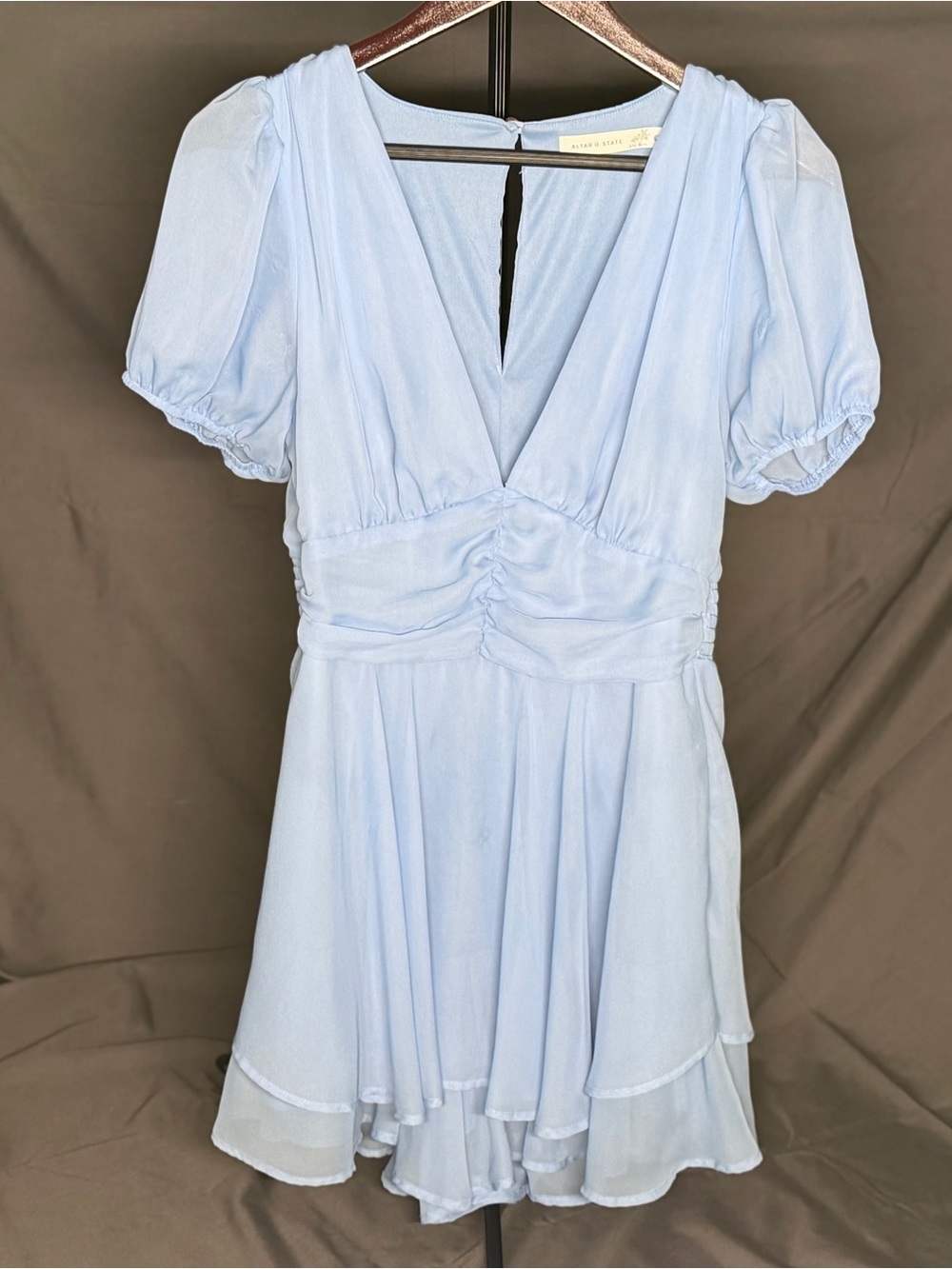 Altar'd State Light Blue Plunge Neck Puff Sleeve Romper